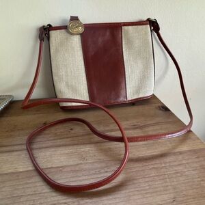 VTG Brahmin Woven Beige Canvas/Brown Leather Trim Crossbody Bag, Heritage Charm